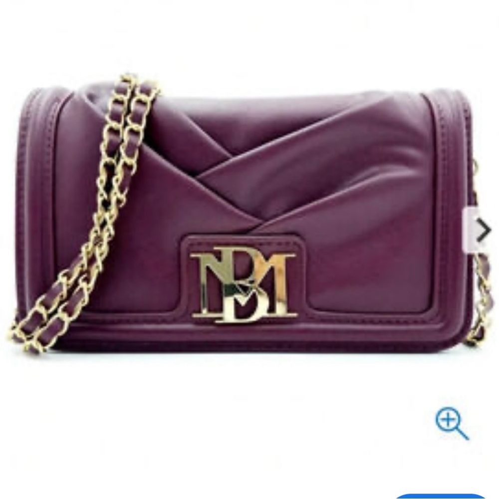 NWT Badgley Mischka small pleated crossbody clutch plum gold‎ strap logo leather